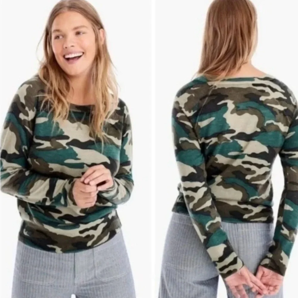 J. Crew Merino Wool Crew Neck Light Sweater in Green Brown Camo Sz. Medium